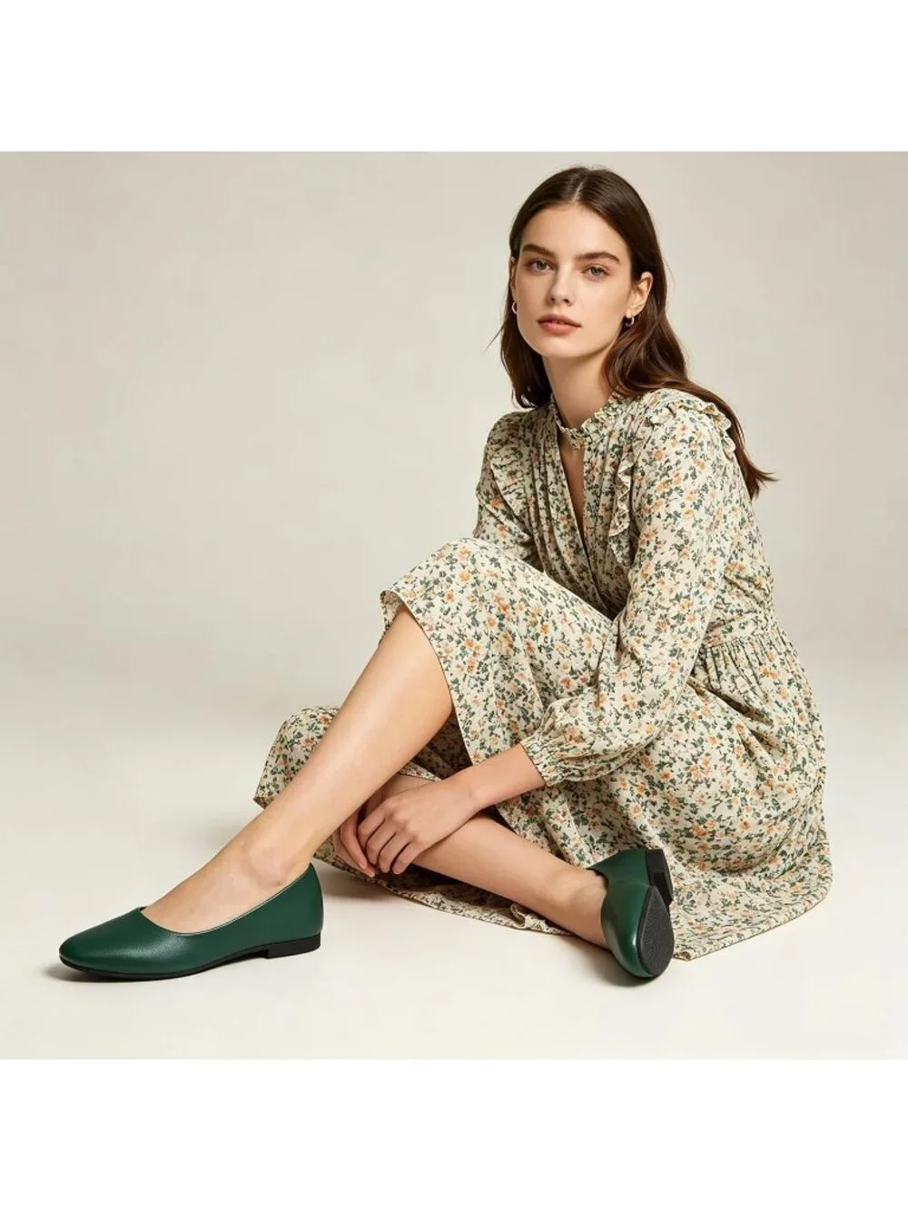 Women's Dark Green PU Leather Comfortable Ballet Flats Slip on Round Toe Shoes